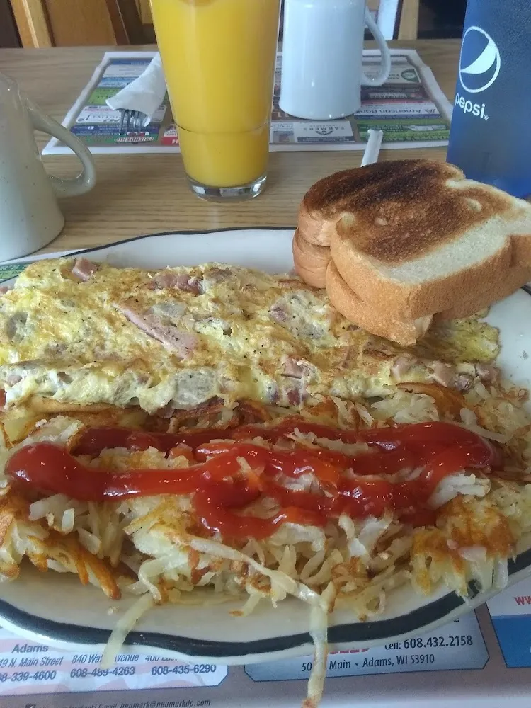 Meat-Lovers Omelette and Hash Browns